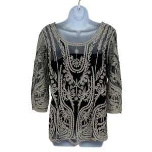 Ultra Pink Black and Cream Gold Sheer Embroidered 3/4 Sleeve Tank Blouse Large